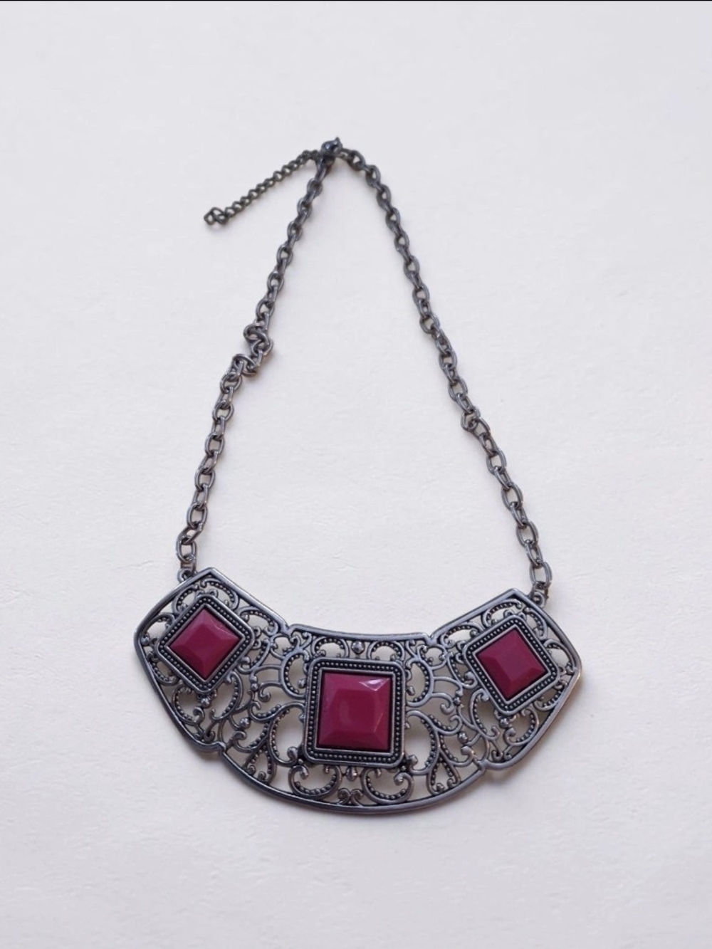 Statement Silver-Tone Necklace with Red Turquoise Stones